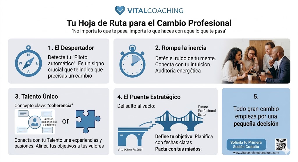 Infografía detallada de los 5 pasos de la hoja de ruta para el cambio profesional de Vital Coaching